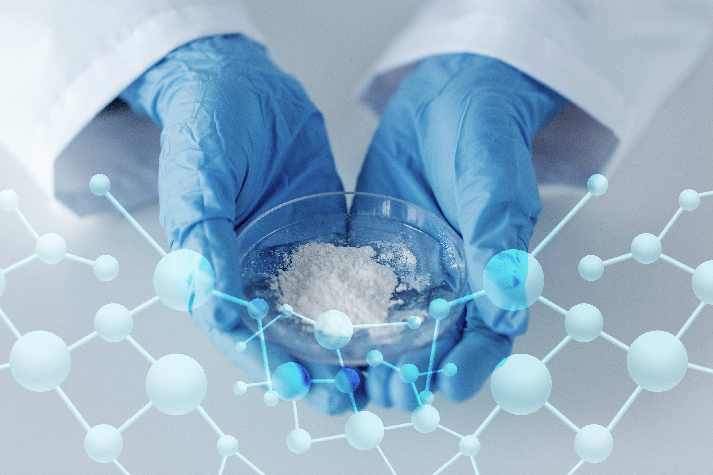 science, chemistry, biology, medicine and people concept - close up of scientist hands holding petri dish with powder in clinical laboratory